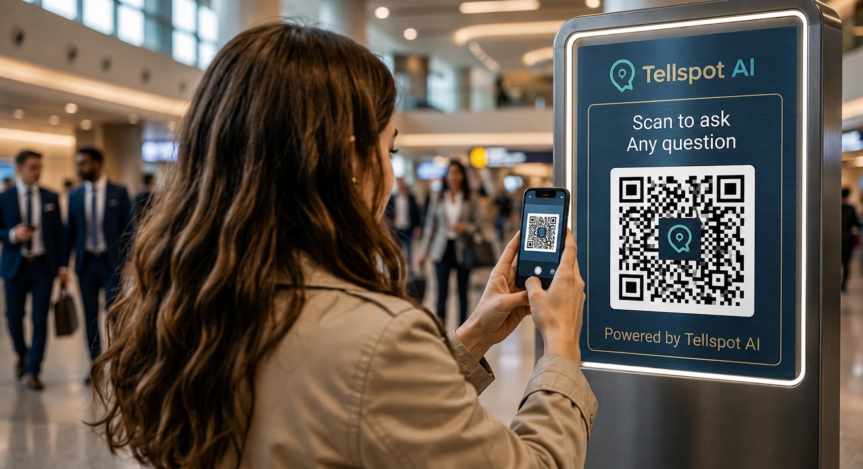 A traveler scans a TellSpotAI QR code at an information stand.