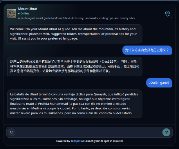 The live MountUhud Spot showing a multilingual conversation after opening the QR code.