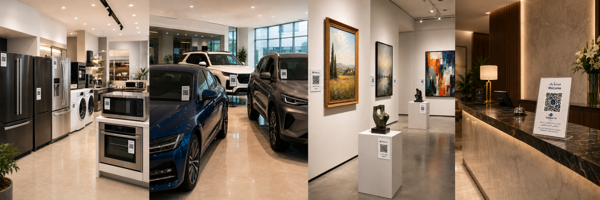 Examples of TellSpotAI usage in appliance showrooms, car showrooms, art galleries, and hotel reception spaces.